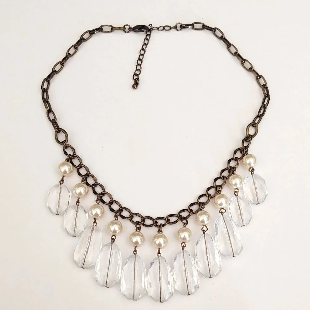 Faux pearl and clear bead dangle statement necklace